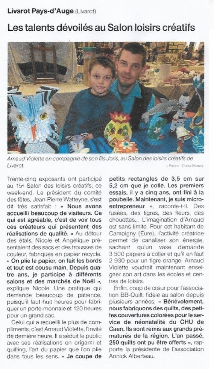 Un grand merci pour c'est articles parue dans la presse, Ouest-France, lors de notre exposition du weekend du 2 et 3 février a la salle des fêtes de Livarot. Cliquez sur l'image pour l'agrandir.